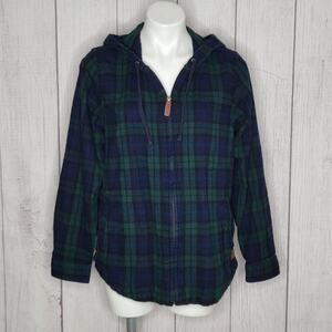 L.L. Bean Green/Blue Plaid Flannel Hooded Zip Long Sleeve Shirt, Size Medium